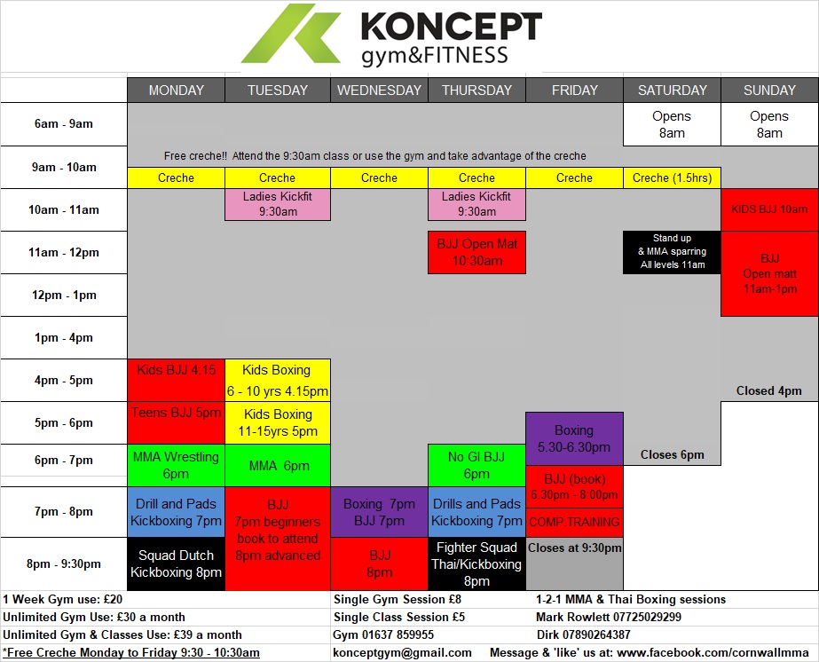 Timetable Koncept Gym Newquay
